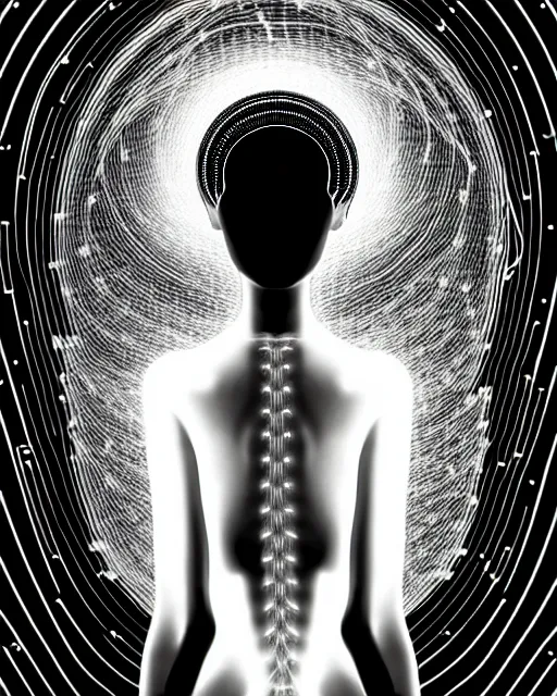 Image similar to black and white spiritual connected young female cyborg - plant goddess high quality photo, microchip, artificial intelligence, bio - mechanical bio - luminescence, black wired cables, neurons, nerve cells, cinematic, rim light, photo - realistic, elegant, high detail, 8 k, masterpiece, high fashion