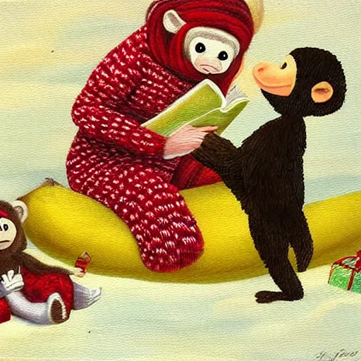 Image similar to a banana wearing a Christmas sweater reading a bedtime story to a monkey, oil painting, realistic