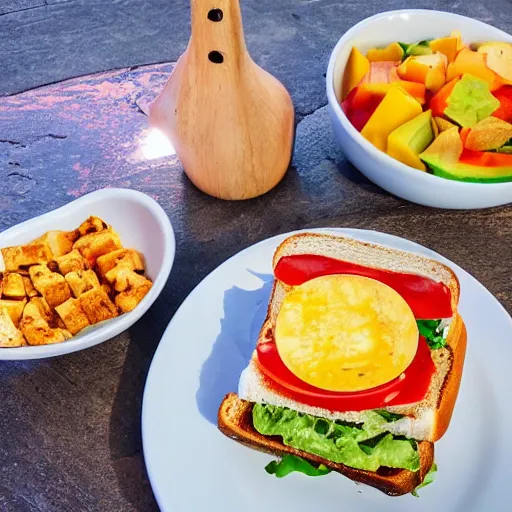 Image similar to sandwich with roasted tofu, also tomato, onion, avocado and cheddar, over a dish and over a table, sunset background with saturn in the sky, studio photo, amazing light