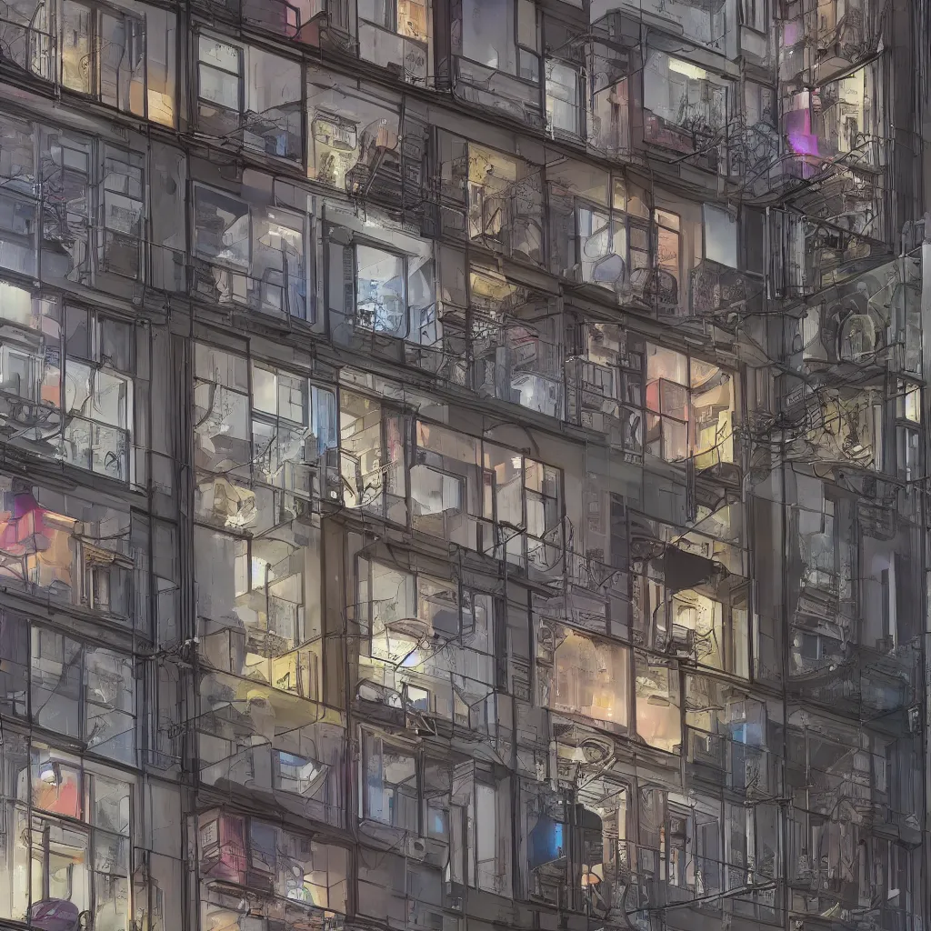 Image similar to a highly detailed loft apartment, neon backlit, round window, cyberpunk nightcity in the window, 8 k