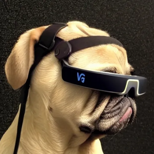 Image similar to a pug wearing a VR headset. Photorealistic.