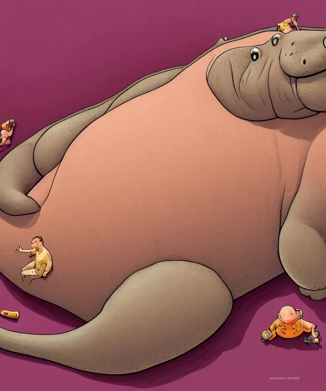 Prompt: tired humanoid hippo lying in bed, closeup, centered composition, digital painting, artstation, concept art, kids book illustration, sharp focus, octane render, illustration, art by geof darrow,