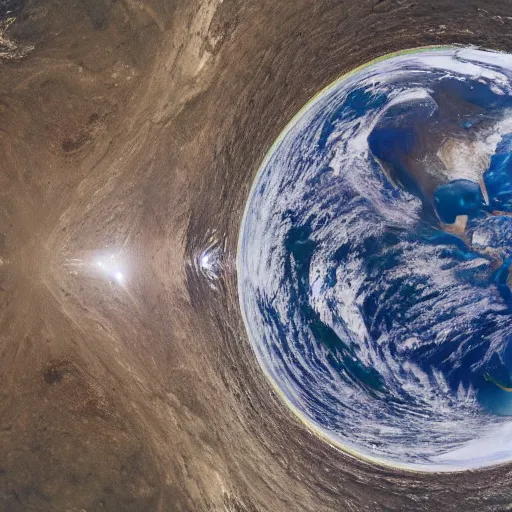 Image similar to pov without fisheye distortion of a giant looking down the earth from above the earth atmosphere