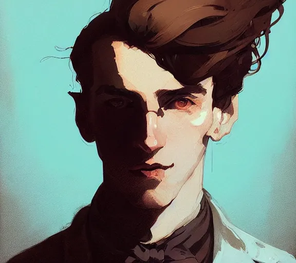 Image similar to portrait victorian man with brown hair, by atey ghailan, by greg rutkowski, by greg tocchini, by james gilleard, by joe fenton, by kaethe butcher, by ashley wood, dynamic lighting, gradient light blue, brown, blonde cream and white color scheme, grunge aesthetic