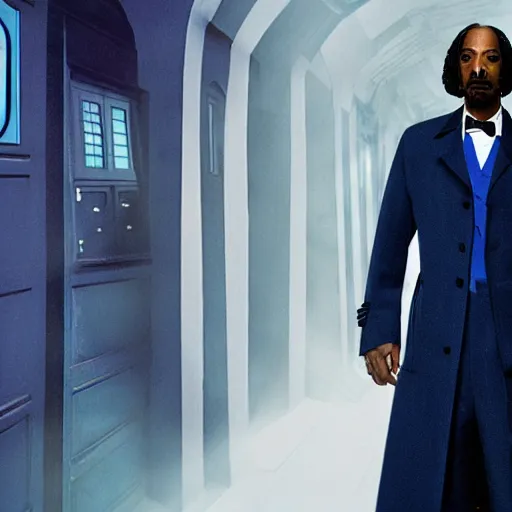 Prompt: snoop dogg as a man in a dark blue trenchcoat as the new doctor who, cinematic, volumetric lighting, f 8 aperture, cinematic eastman 5 3 8 4 film, photorealistic
