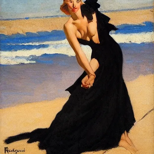 Image similar to woman on the beach, black dress, part leyendecker style, part dean cornwell style