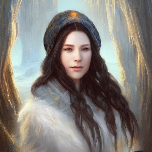 Image similar to portrait of a icelandic woman ( 3 5 ) from iceland in 2 0 2 1, an oil painting by ross tran and thomas kincade