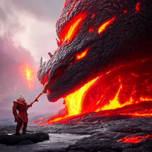 Prompt: big lava monster with a ice cane and it has big lava horns on its head, realistic, 8 k, extremely detailed, cgi, trending on artstation, hyper - realistic render, by greg rutkowski