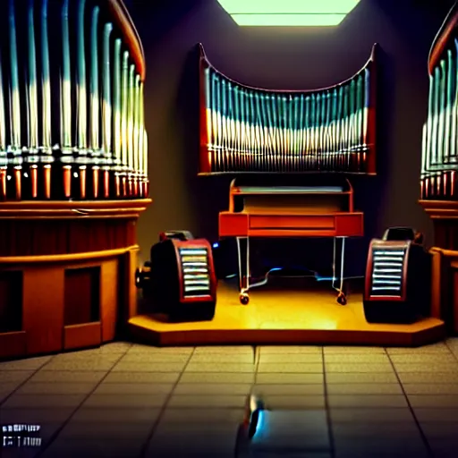 Image similar to pipe organ in the main office of the time saving bank, cyber punk, retro machinery, futuristic hi-tech details, art by anthony macbain + greg rutkowski + jean giraud, concept art, 4k, sharp focus, cinematic render unreal engine