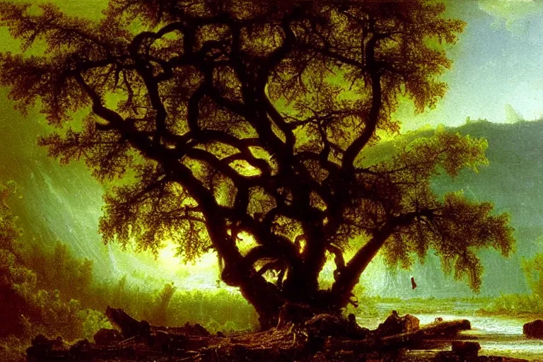 Image similar to oil painting of a detailed old tree next to a raging river by albert bierstadt