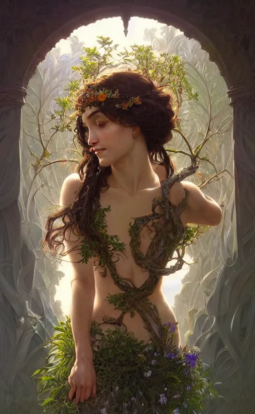 Prompt: portrait of a goddess of nature!, half body, perfect face!!, d & d, fantasy, intricate, elegant, highly detailed, digital painting, artstation, concept art, smooth, sharp focus, illustration, art by artgerm and greg rutkowski and alphonse mucha