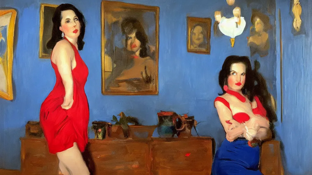 Image similar to portrait of rebekah delrio in mulholland drive, big persian blue pot, blue and red lights painted by john singer sargent