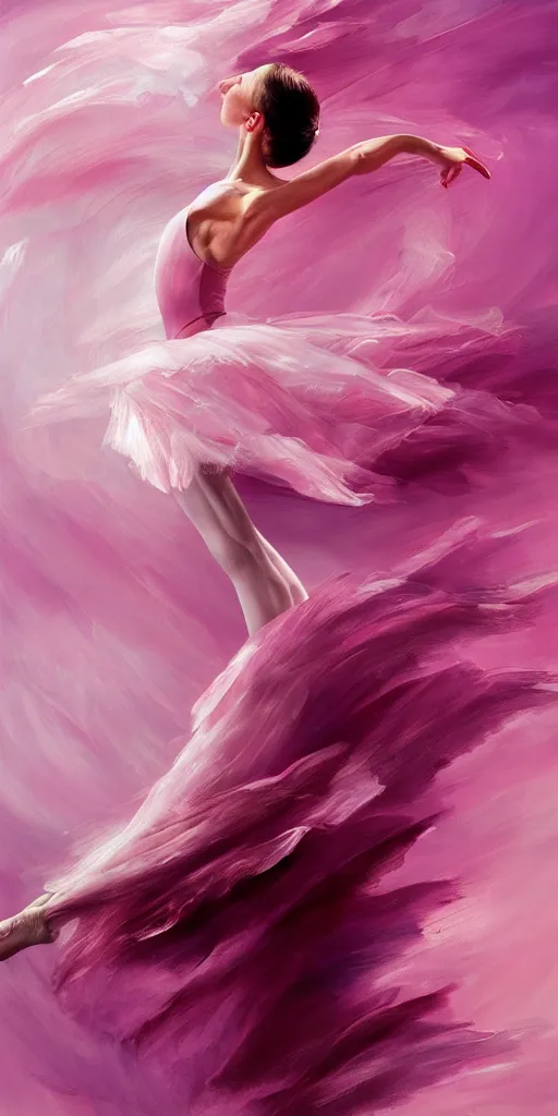 Prompt: prima ballerina dancing in the wind, beautiful, ethereal, gorgeous, volumetric lighting, elegant, fluid, pink, highly detailed oil painting, digital painting, concept art, highly detailed, smooth, sharp focus, illustration, strong lines and bold colors, limited color palette, atmosphere and tension, japanese, trending on artstation