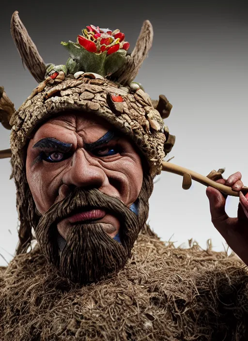 Image similar to 8 5 mm f 1. 8 photograph of a claymation mexican viking, highly detailed diorama, by erwin olaf and anton corbijn, smooth, sharp foccus, commercial photography, fashion shoot