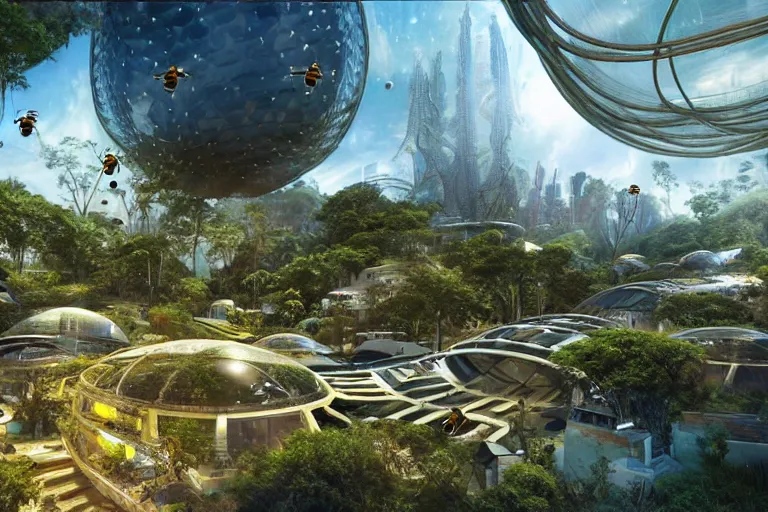 Prompt: favela honeybee hive, sci - fi environment, glass domes, spaceships, award winning art, epic dreamlike fantasy landscape, ultra realistic,