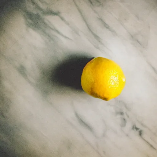 Image similar to Polaroid photo of a lemon on a cutting board, motion blur, out of focus, flash, overexposed, grainy