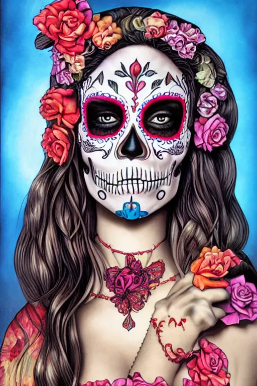 Prompt: Illustration of a sugar skull day of the dead girl, art by Mark Brooks