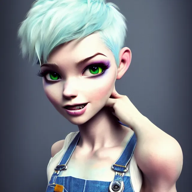 Image similar to full body pose, beautiful adult fairy, pixar, short white hair shaved sides, dirty, grungy, grunge, long sleeve, painted overalls, stacks of giant books, highly detailed, 4 k, hdr, smooth, sharp focus, high resolution, award - winning photo, artgerm, photorealistic