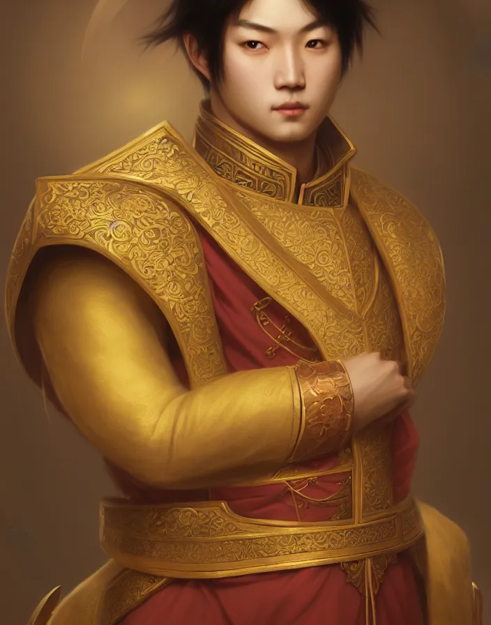 Image similar to a portrait of a asian male prince, illustration, soft lighting, soft details, dark mood, painting oil on canvas by Edmund Blair Leighton and Charlie Bowater octane render trending on artstation d&d characters, 4k, 8k, HD