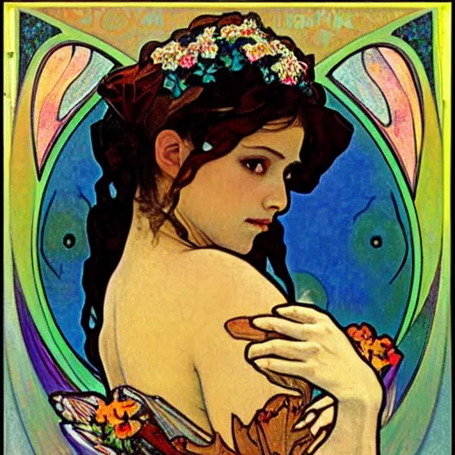 Image similar to Mexican fairy princess portrait, art nouveau, alphonse mucha