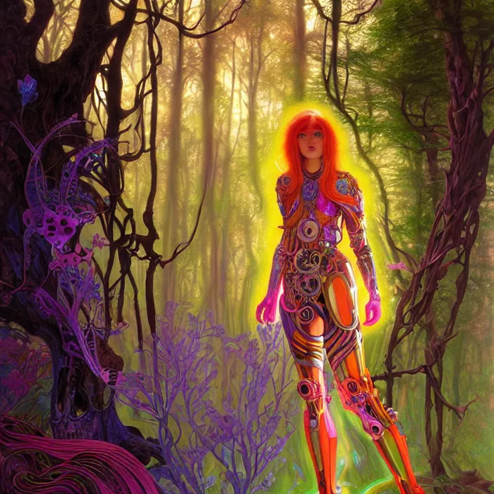 Image similar to bright psychedelic portrait of genius organic cyborg in an ancient forest, diffuse lighting, fantasy, intricate, elegant, highly detailed, lifelike, photorealistic, digital painting, artstation, illustration, concept art, smooth, sharp focus, art by John Collier and Albert Aublet and Krenz Cushart and Artem Demura and Alphonse Mucha