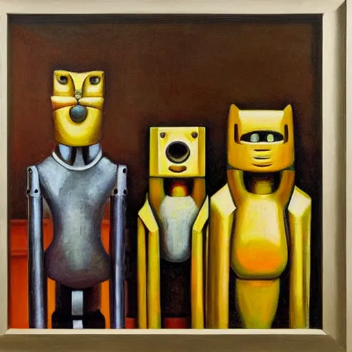 Image similar to three brutalist feline robots portrait, grant wood, pj crook, edward hopper, oil on canvas