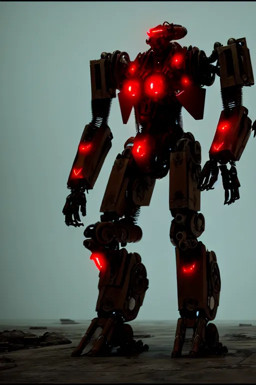 Prompt: a cinematic still from ruin city, full body red mech, armored core, intact humanoid servo, octane render, nvidia raytracing demo, masterpiece, aged armor plating, decipticon armor plating, aggressive head, endoekeleton exposure