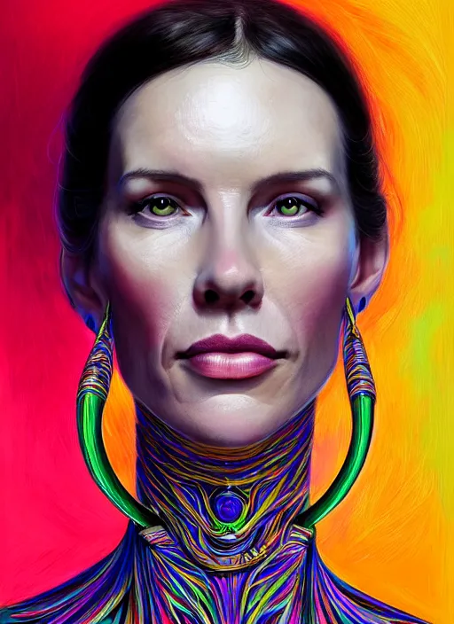 Image similar to portrait of catriona balfe as a long - neck woman with neck rings, hyper detailed ultra sharp trending on artstation, warpaint aesthetic, colorful, psychedelic, ornate, intricate, digital painting, concept art, smooth, sharp focus, illustration, art by artgerm and greg rutkowski and h. r. giger, 8 k