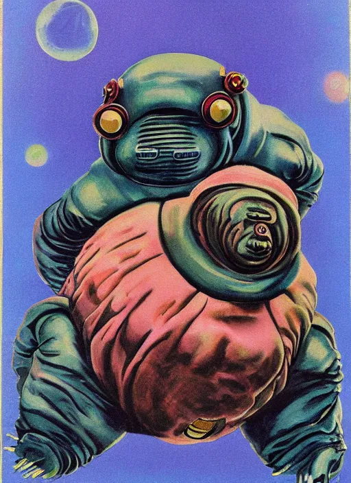 Image similar to giant tardigrade retro japanese monster slimy harness, poster, painting, 7 0 s vintage art