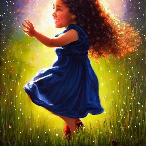 Prompt: A little girl with curly brown hair with a happy expression wearing a summer dress dancing with fireflies, beautiful oil painting trending on artstation