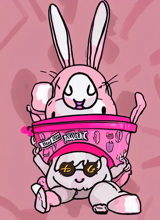 Image similar to realistic detailed semirealism anthropomorphic pink rabbit character wearing a bucket hat. Cute, kawaii, Cooky, bt21, Sanrio inspired. Rabbt_character, rabbit_bunny, 獣, iconic character splash art, Detailed fur, detailed textures, 4K high resolution quality artstyle professional artists WLOP, Aztodio, Taejune Kim, Guweiz, Pixiv, Instagram, Artstation