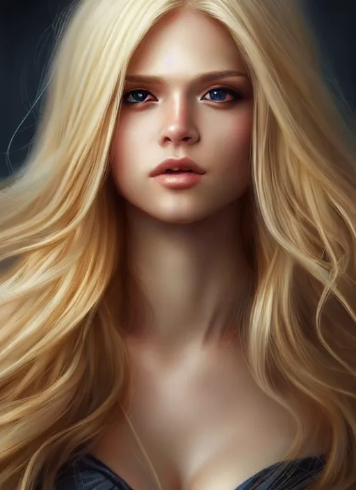 Image similar to a gorgeous female with long blonde hair in the style of stefan kostic, realistic, full body shot, wide angle, sharp focus, 8 k high definition, insanely detailed, intricate, elegant, art by stanley lau and artgerm, floating embers