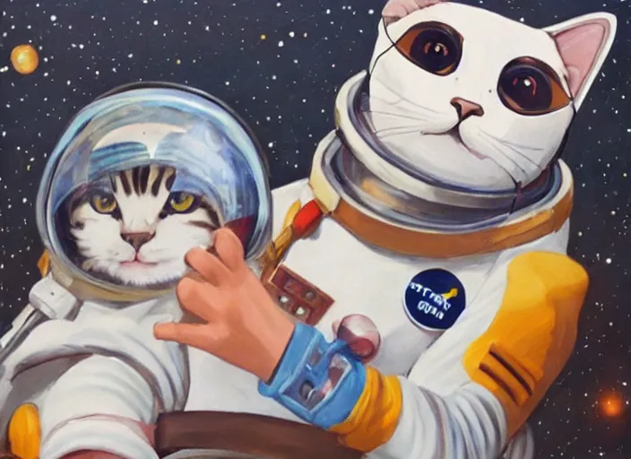 Prompt: painting of a cat dressed as an astronaut with helmet, cute, calico, stars, galaxies, planets, moons, overwatch, winston, stuido ghibli, kotaro mori