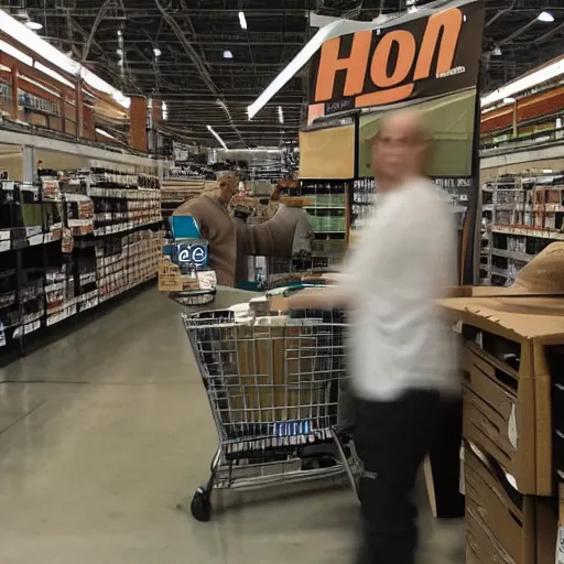 Prompt: shadow human spotted in home depots lighting department, bright lights and lamps