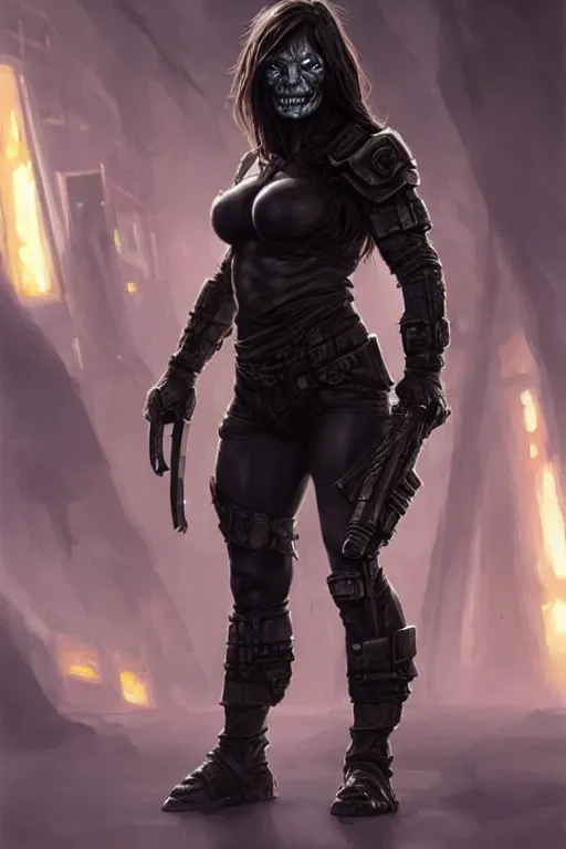 Image similar to gina carano as an ork with prothesis metallic left arm, casual black clothing, muscular, realistic proportions, casual pose, large portrait, sci - fi, shadowrun, rpg character, digital painting, artstation, concept art, smooth, 8 k frostbite 3 engine, ultra detailed, art by artgerm and greg rutkowski and magali villeneuve