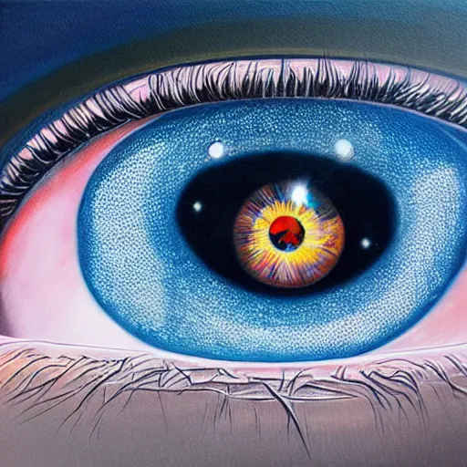 Image similar to a highly detailed photorealistic painting of a human eye reflecting outer space