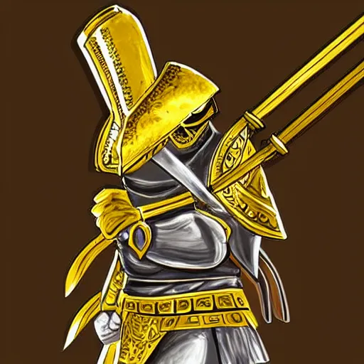 Prompt: warrior knight in a golden armor holding a huge heavy sword in a style of oda non