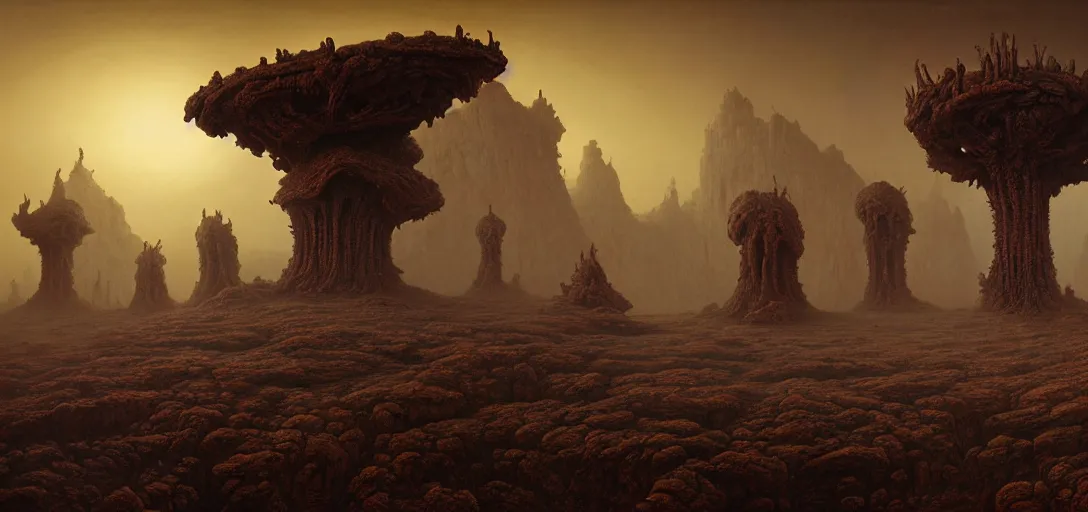 Image similar to alien landscape with eerie god statues, painted by beksinski, 4 k, intricate details, unreal engine, dynamic lighting