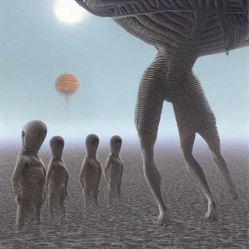 Prompt: an alien waves goodbye to his alien friends as he walks onto his spaceship, beksinski, wayne barlowe, very coherent symmetrical artwork, cinematic, hyper realism, high detail, octane render, 8 k