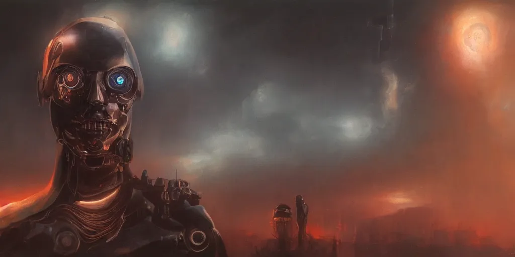 Prompt: Dark Cyborg portrait in a surreal dream landscape, cinematic lighting, detailed oil painting, 8k