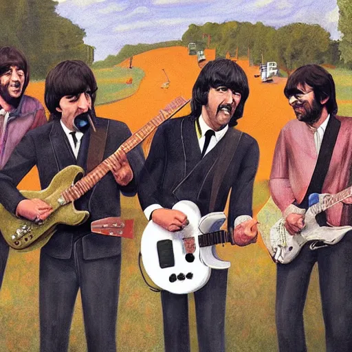 Image similar to pedro sanched playing music with the beatles at woodstock, highly detailed, artstation, 4k