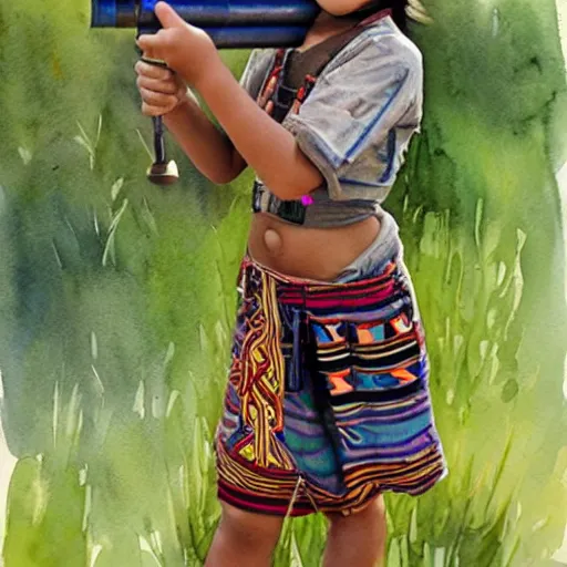 Image similar to hyper realistic tribal girl holding a rocket launcher, watercolor, cinematic