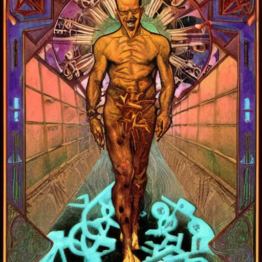 Prompt: a matte painting of hellraiser puzzle box floating above skinned man in hell by clive barker and alex grey and alphonse mucha