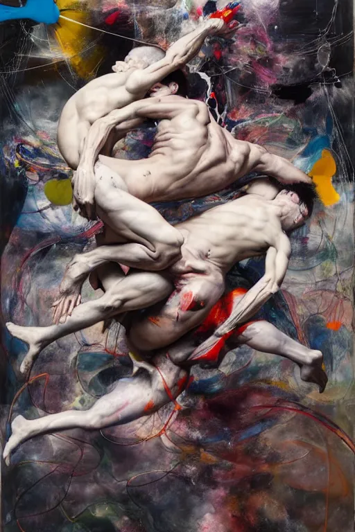 Prompt: muscular men entwined together, floating in space, zero gravity, inside a brutalist space ship, gothic, rich deep colours, painted by francis bacon, adrian ghenie, james jean and petra cortright, part by gerhard richter, part by jenny saville, part by takato yamamoto. 8 k masterpiece