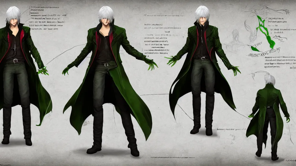 Image similar to devil may cry long haired green coat son of sparda character design sheet, trending on artstation
