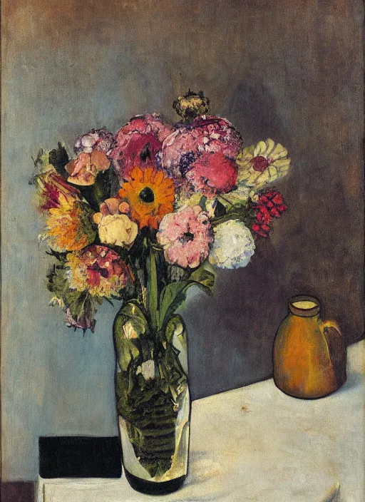 Image similar to a surreal painting of a breakfast still life, vase of flowers, by George Baselitz, symbolist, soft colors, dramatic lighting, smooth, sharp focus, extremely detailed, textured, aesthetically pleasing composition