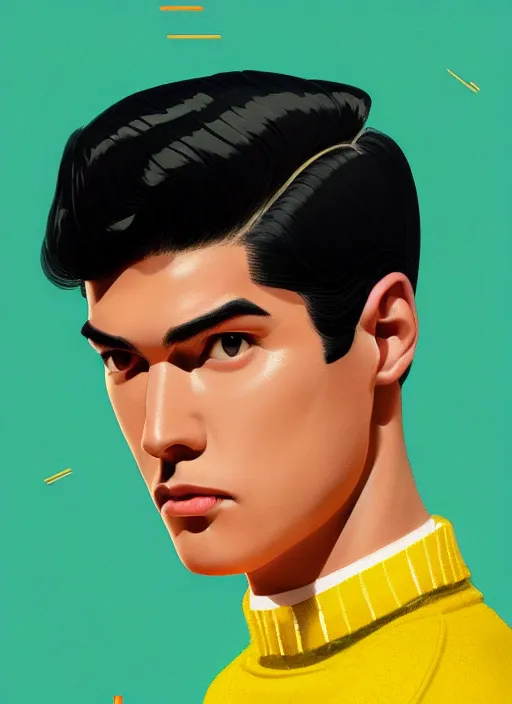 Image similar to portrait of young reggie mantle, mean smirk, egotistical, slicked back hair, striped yellow and black sweater, 1 9 5 0 s, intricate, elegant, glowing lights, highly detailed, digital painting, artstation, concept art, smooth, sharp focus, illustration, art by wlop, mars ravelo and greg rutkowski