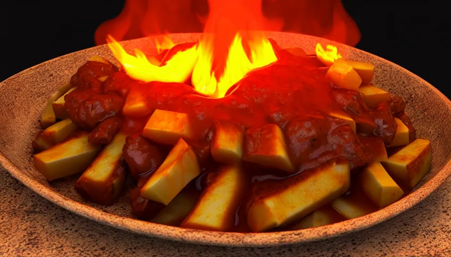 Image similar to poutine ( the canadian meal ) from mount doom, volcano texture, lava texture, fire texture, 8 k, octande render, unreal engine 5, surface blemishes, hdr