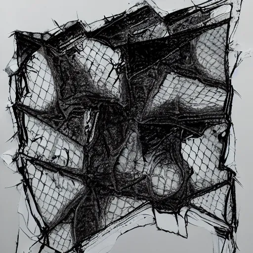 Prompt: ripped and torn mesh, drawn with a black liner on white paper