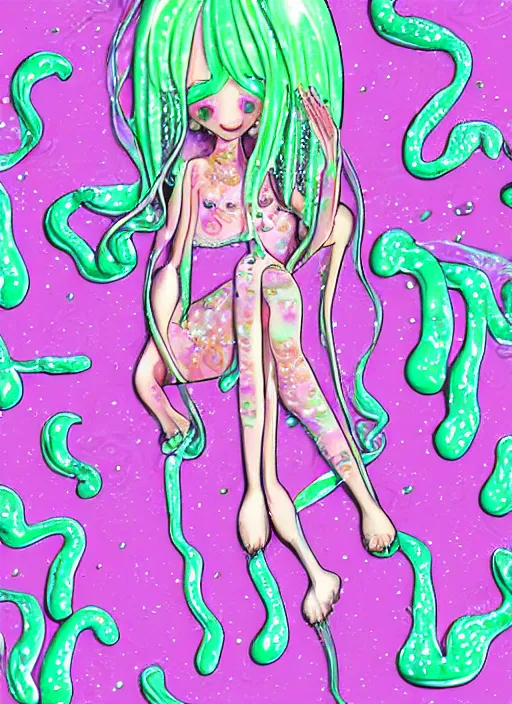 Prompt: melting anorexic pastel cute slimy slime angels, decora inspired illustrations